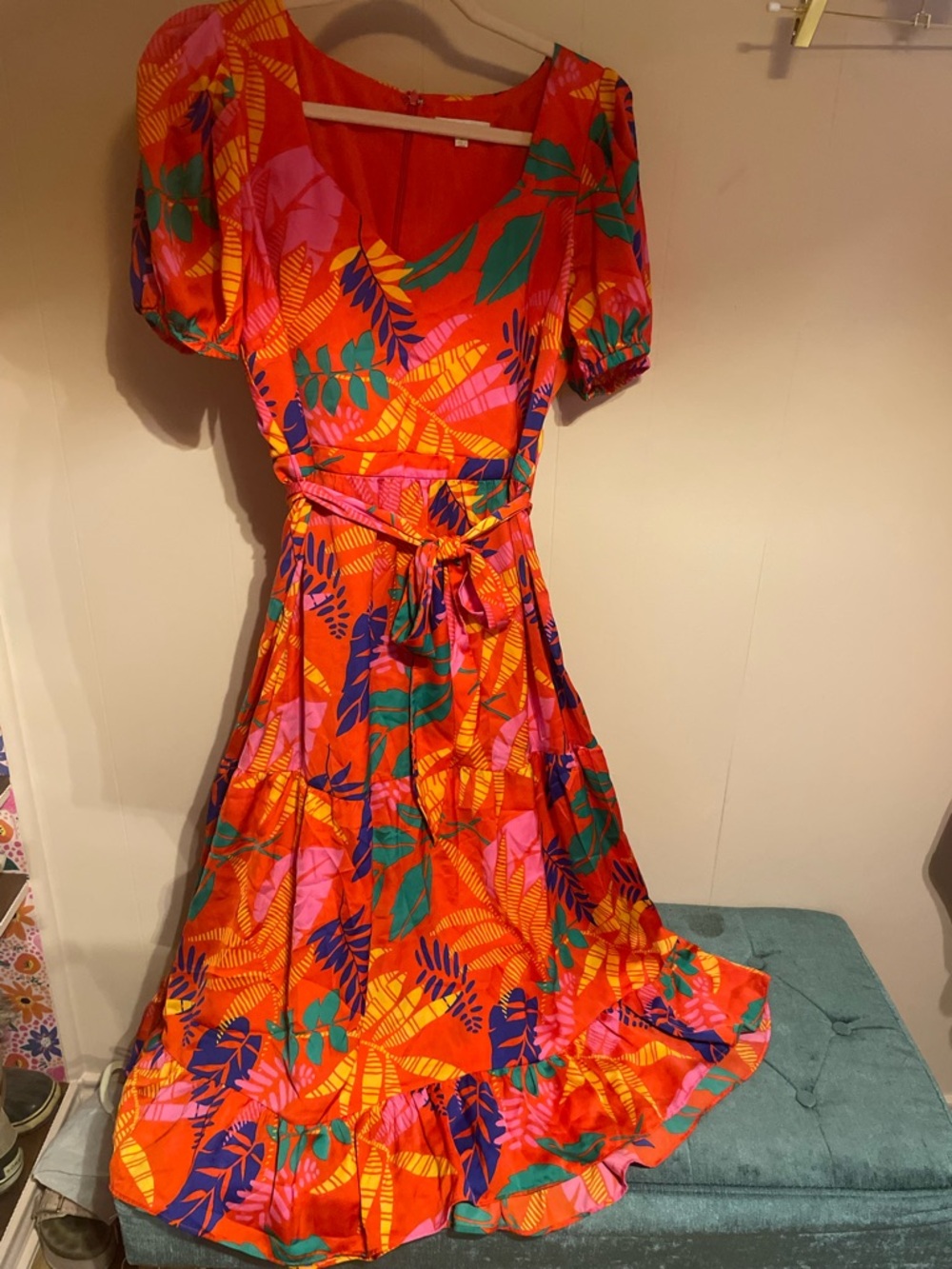 Skies Are Blue Orange Tropical-Print Puff-Sleeve Midi Dress
